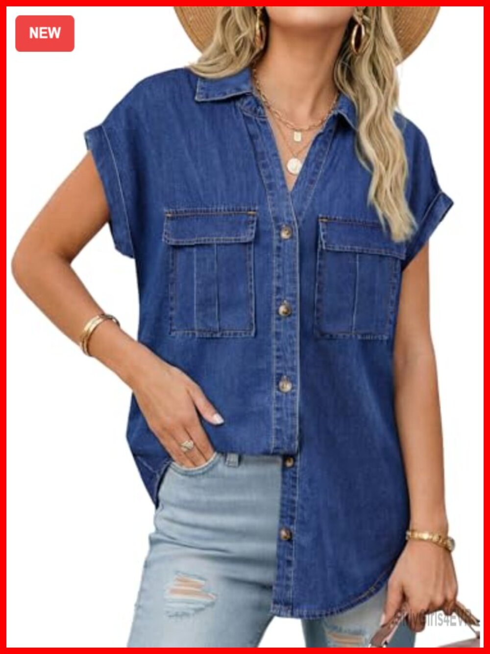 Women's Denim Shirt Button Down V Neck Short Sleeve Jean Top Casual Loose Fit